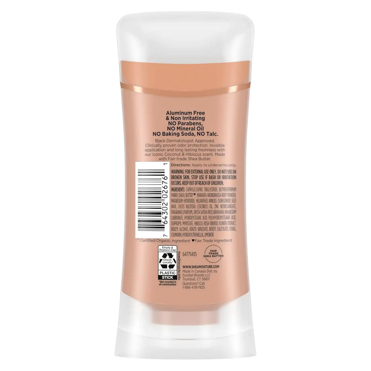 SheaMoisture Deodorant Stick 72h Odor Control Coconut & Hibiscus Fresh Aluminum Free 2.6 oz,(Pack of 2)